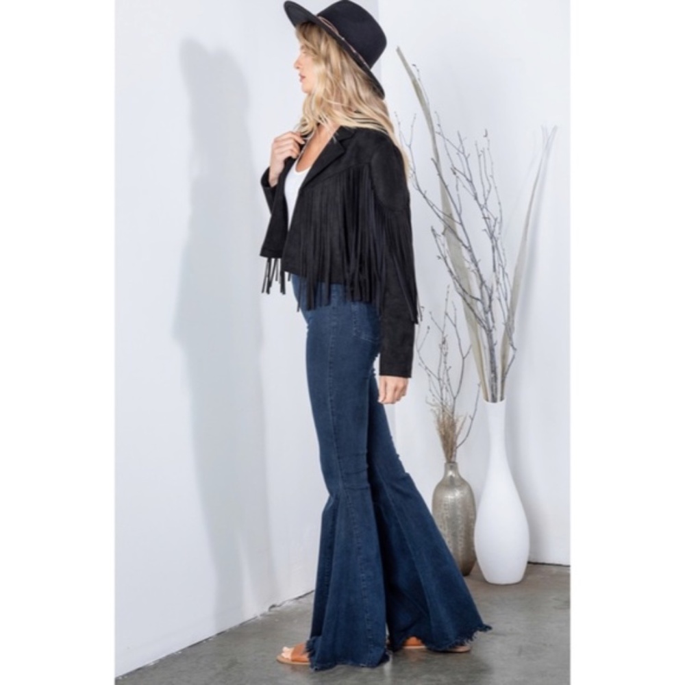 SOLD OUT Black Faux Leather Suede Fringe Cropped Western Boho Moto Jacket - Picture 6 of 8